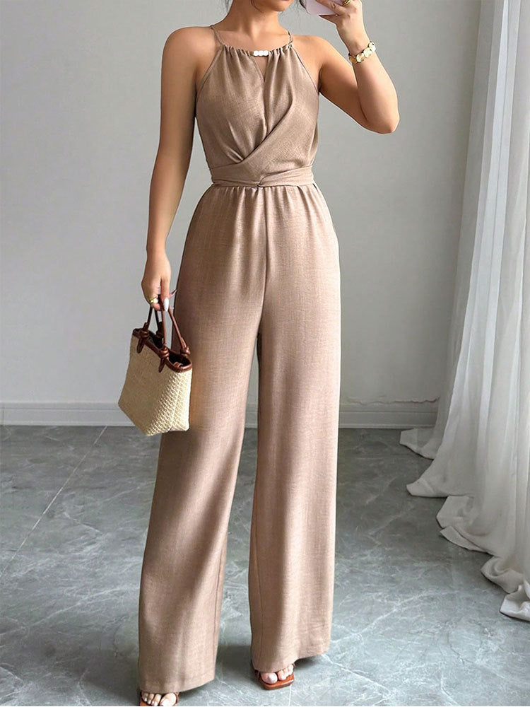 Cinched Waist Sleeveless Tie Up Halter Neck Off Shoulder Comfortable Jumpsuit