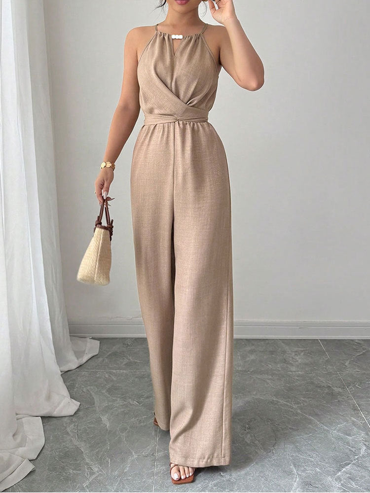 Cinched Waist Sleeveless Tie Up Halter Neck Off Shoulder Comfortable Jumpsuit
