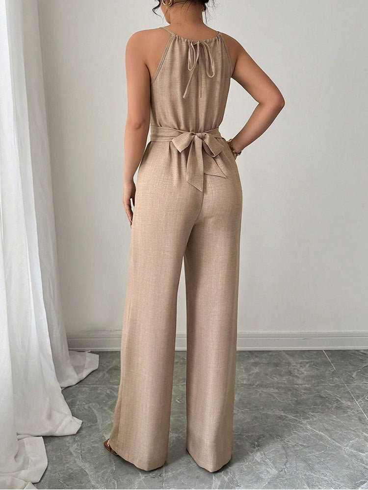 Cinched Waist Sleeveless Tie Up Halter Neck Off Shoulder Comfortable Jumpsuit